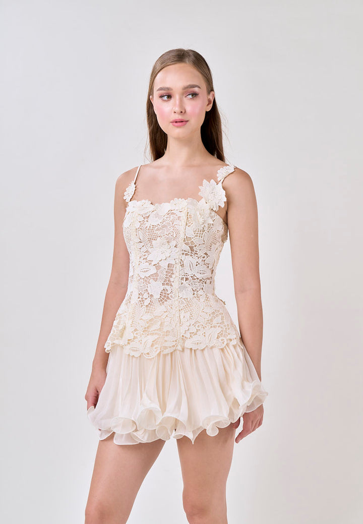 Sutton Cream Sleeveless Lace Top With Tulle Pleated Mini Skirt Set