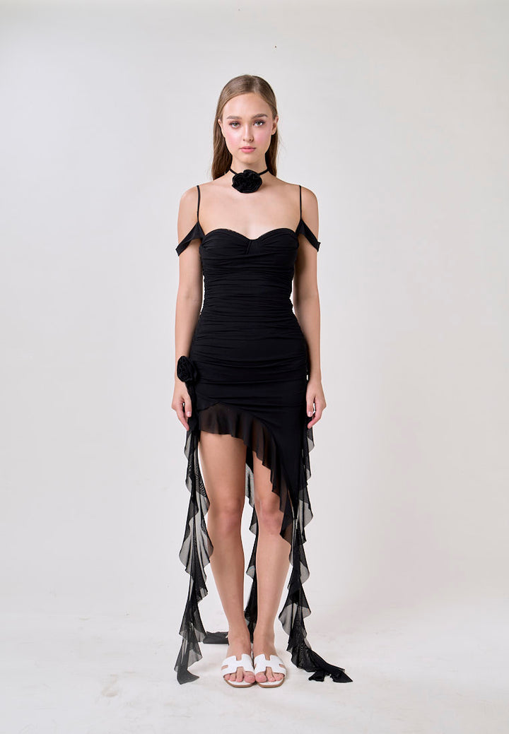Ailany Black Sleeveless Asymmetrical Ruffled Mini Dress