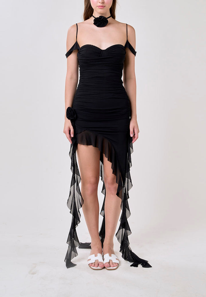 Ailany Black Sleeveless Asymmetrical Ruffled Mini Dress