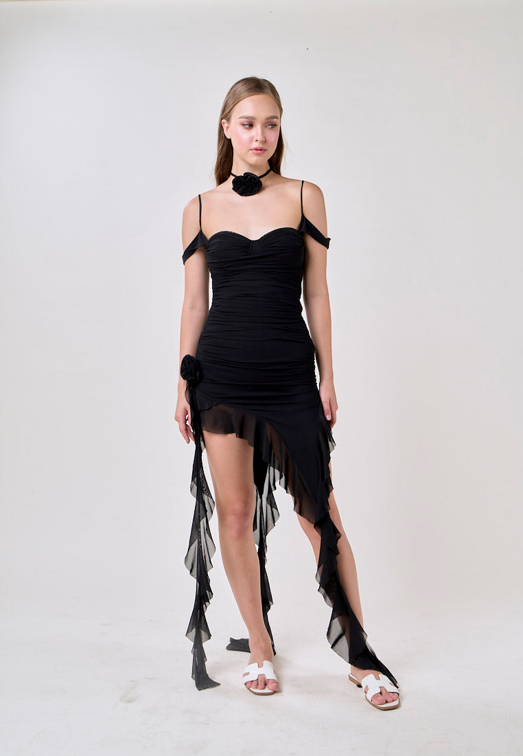 Ailany Black Sleeveless Asymmetrical Ruffled Mini Dress