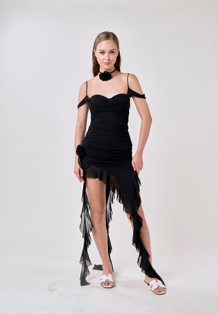 Ailany Black Sleeveless Asymmetrical Ruffled Mini Dress