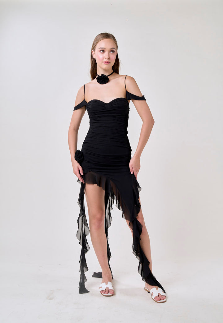 Ailany Black Sleeveless Asymmetrical Ruffled Mini Dress