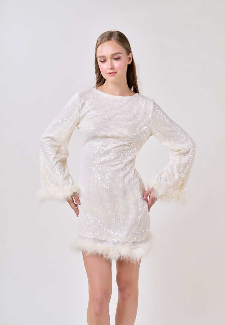 Ausha White Round Neck Nude Back Sexy Long Sleeve Mini Dress