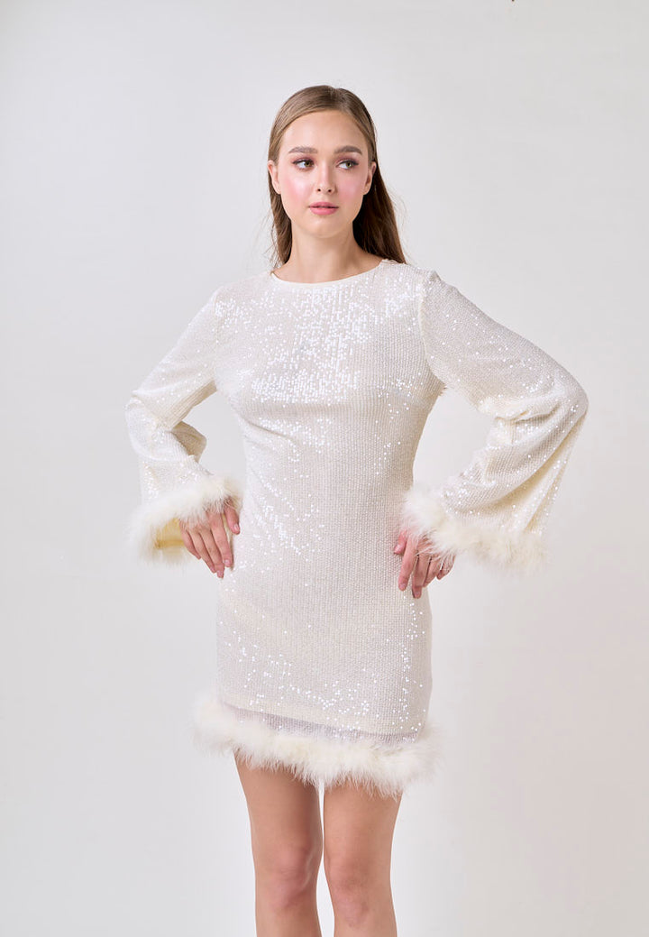Ausha White Round Neck Nude Back Sexy Long Sleeve Mini Dress