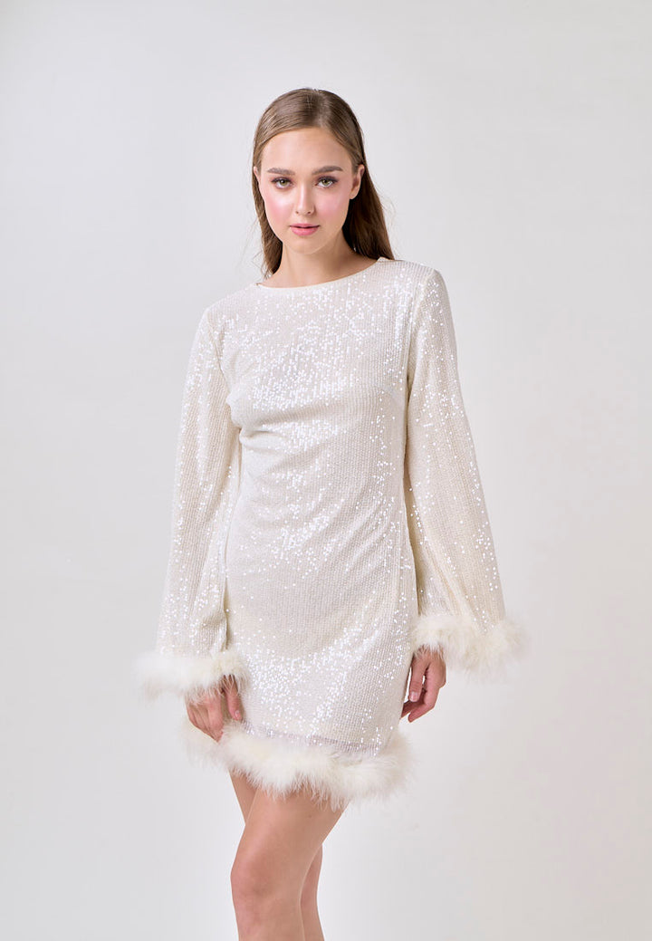 Ausha White Round Neck Nude Back Sexy Long Sleeve Mini Dress