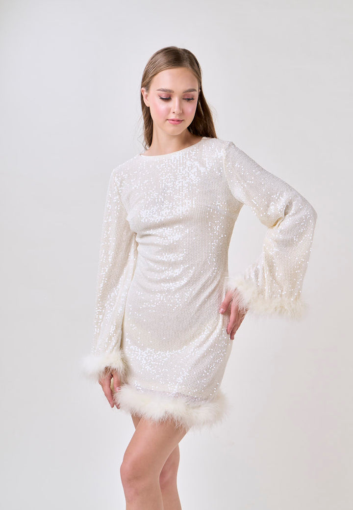 Ausha White Round Neck Nude Back Sexy Long Sleeve Mini Dress