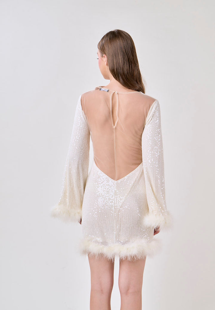 Ausha White Round Neck Nude Back Sexy Long Sleeve Mini Dress