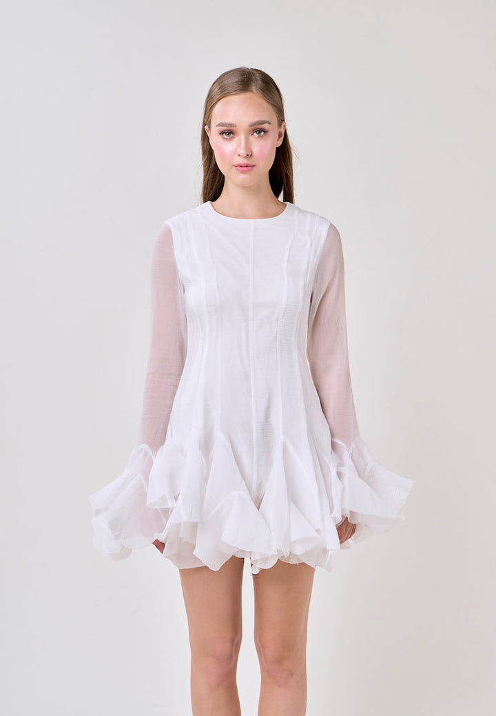 Binnie White Long Sleeve Ruffled Puffy Mini Dress
