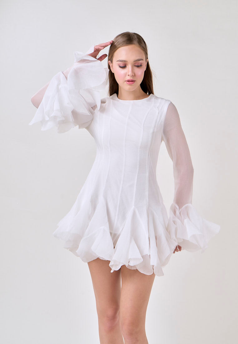 Binnie White Long Sleeve Ruffled Puffy Mini Dress
