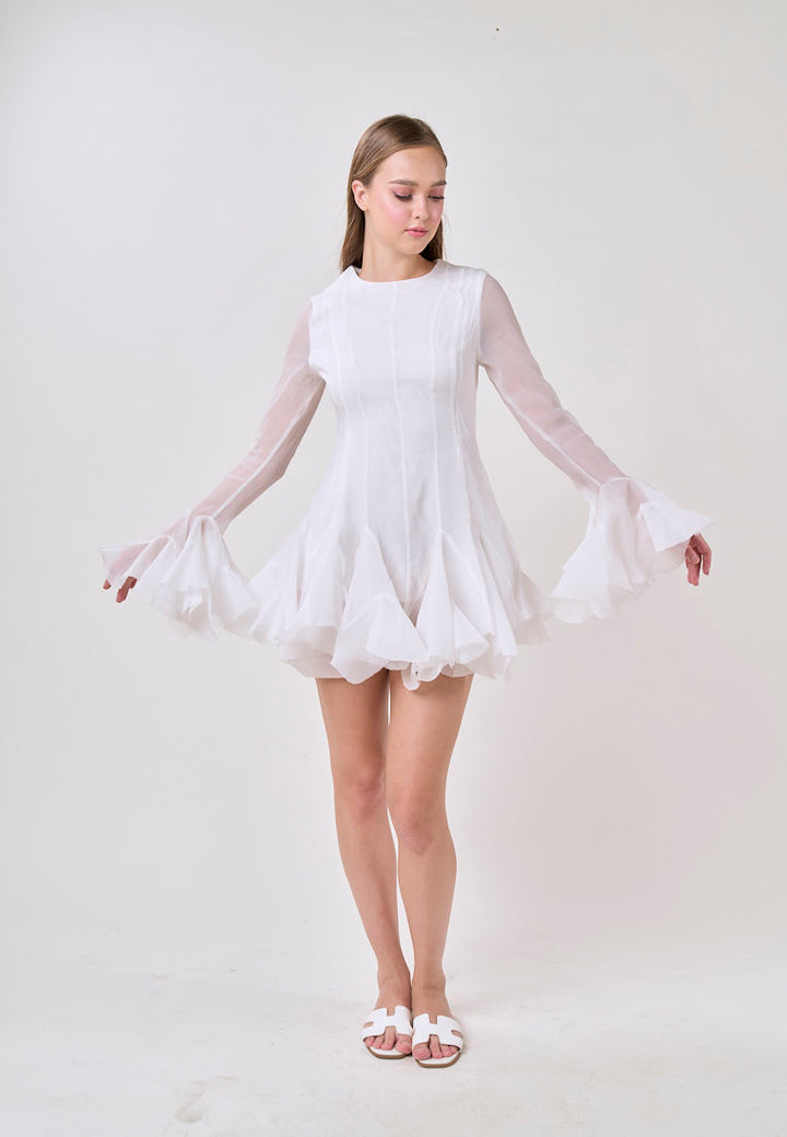 Binnie White Long Sleeve Ruffled Puffy Mini Dress