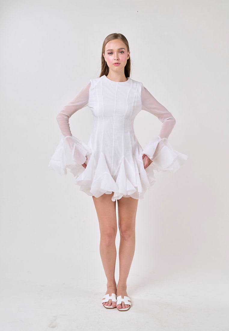 Binnie White Long Sleeve Ruffled Puffy Mini Dress