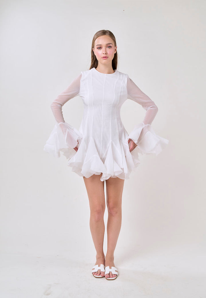 Binnie White Long Sleeve Ruffled Puffy Mini Dress