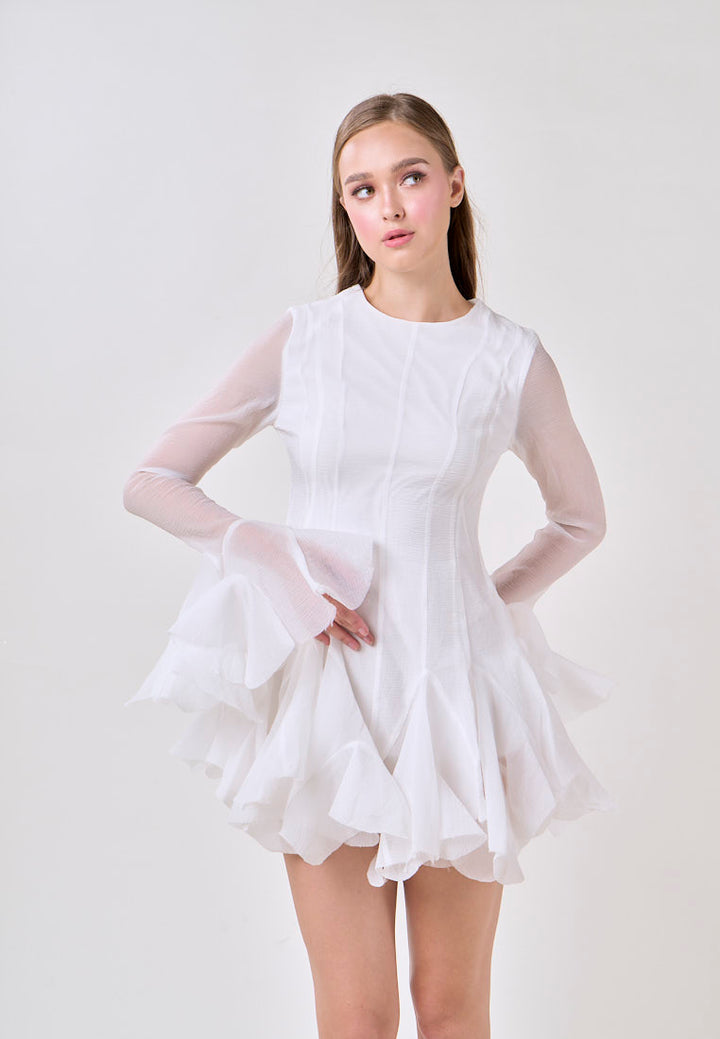 Binnie White Long Sleeve Ruffled Puffy Mini Dress