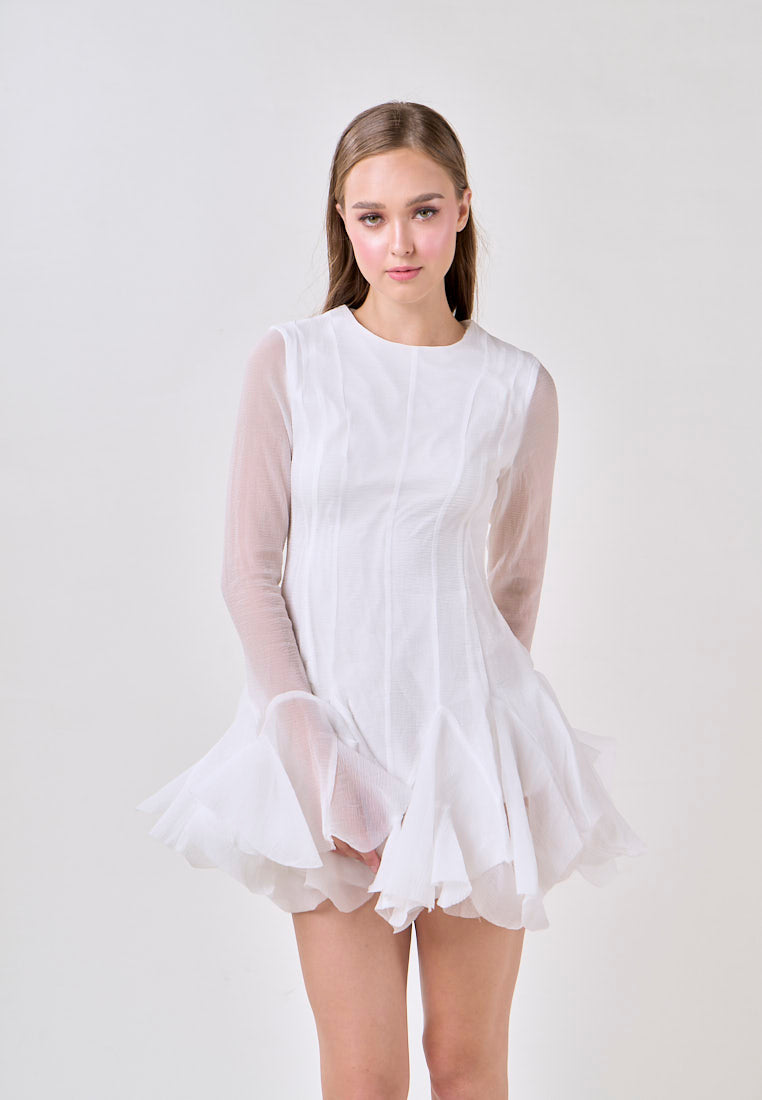 Binnie White Long Sleeve Ruffled Puffy Mini Dress