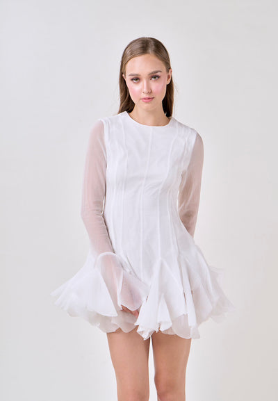 Binnie White Long Sleeve Ruffled Puffy Mini Dress