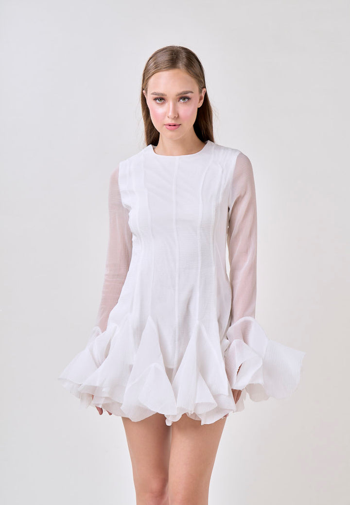 Binnie White Long Sleeve Ruffled Puffy Mini Dress