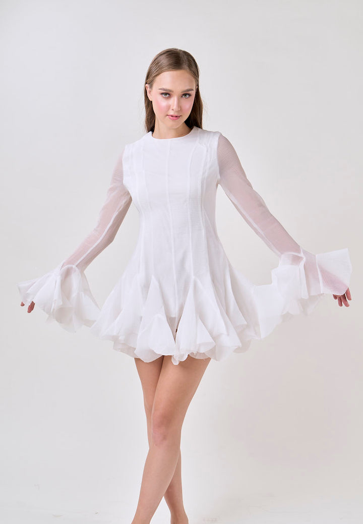 Binnie White Long Sleeve Ruffled Puffy Mini Dress
