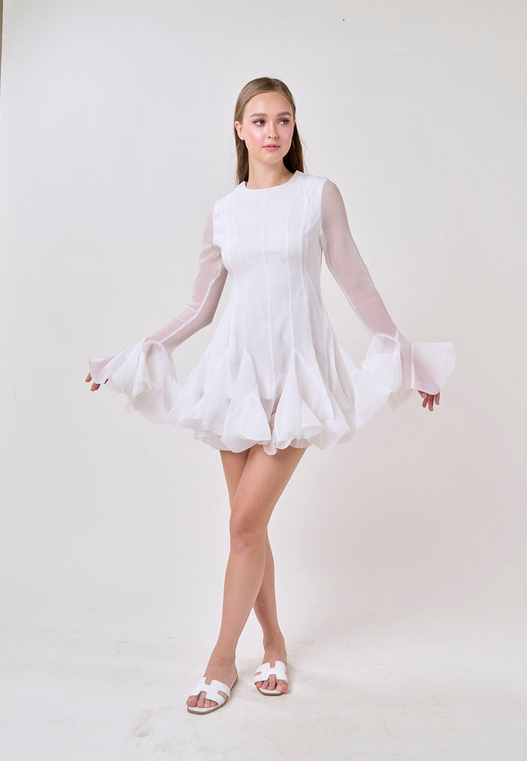 Binnie White Long Sleeve Ruffled Puffy Mini Dress