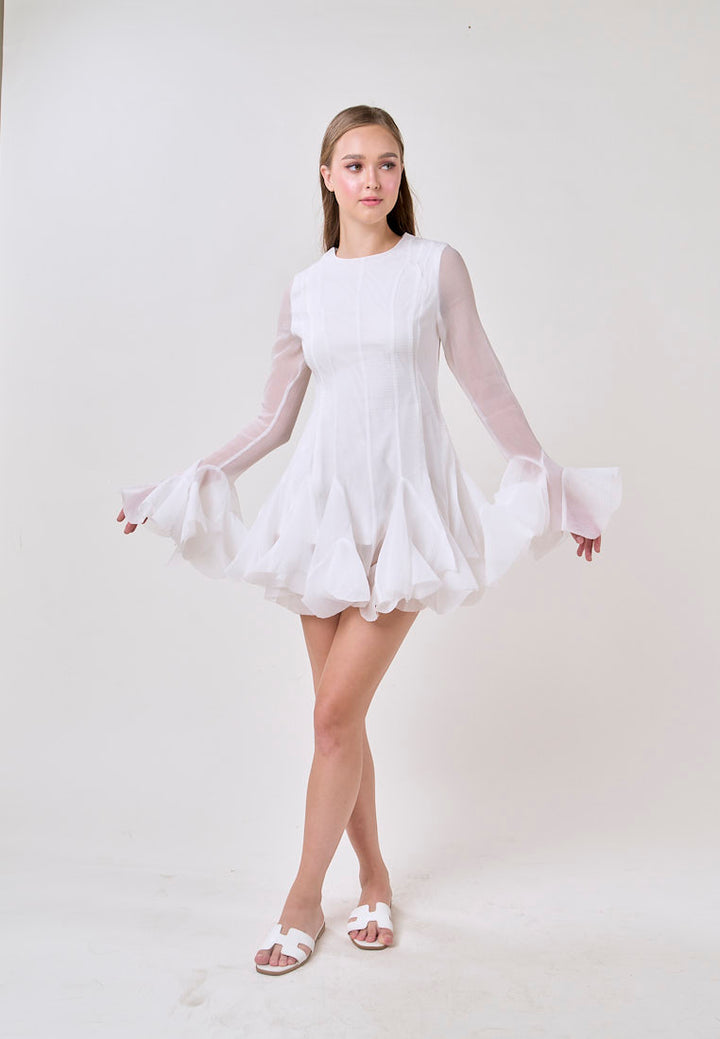 Binnie White Long Sleeve Ruffled Puffy Mini Dress