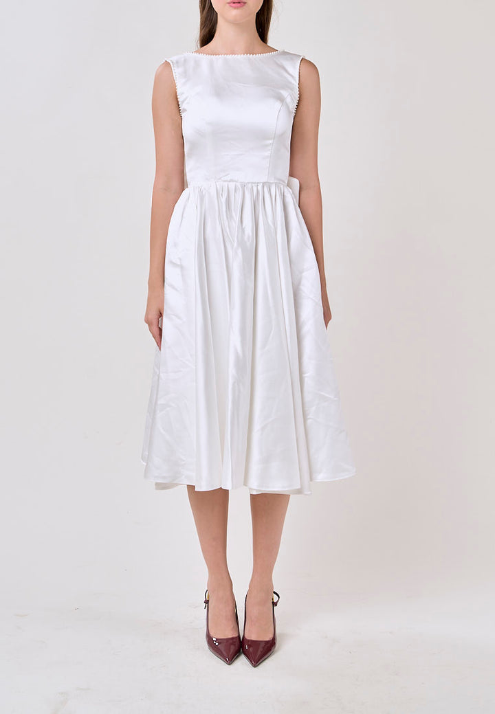 Delanie White A-Line Satin Scoop Back Ribbon Midi Dress