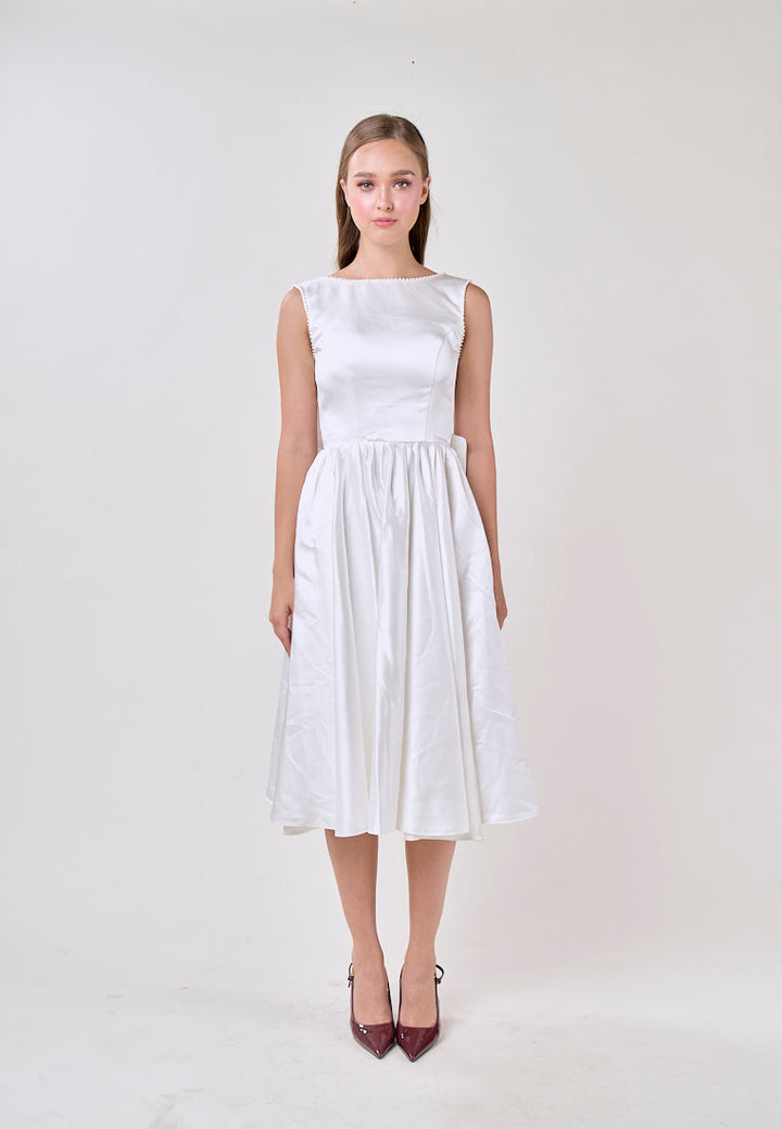 Delanie White A-Line Satin Scoop Back Ribbon Midi Dress