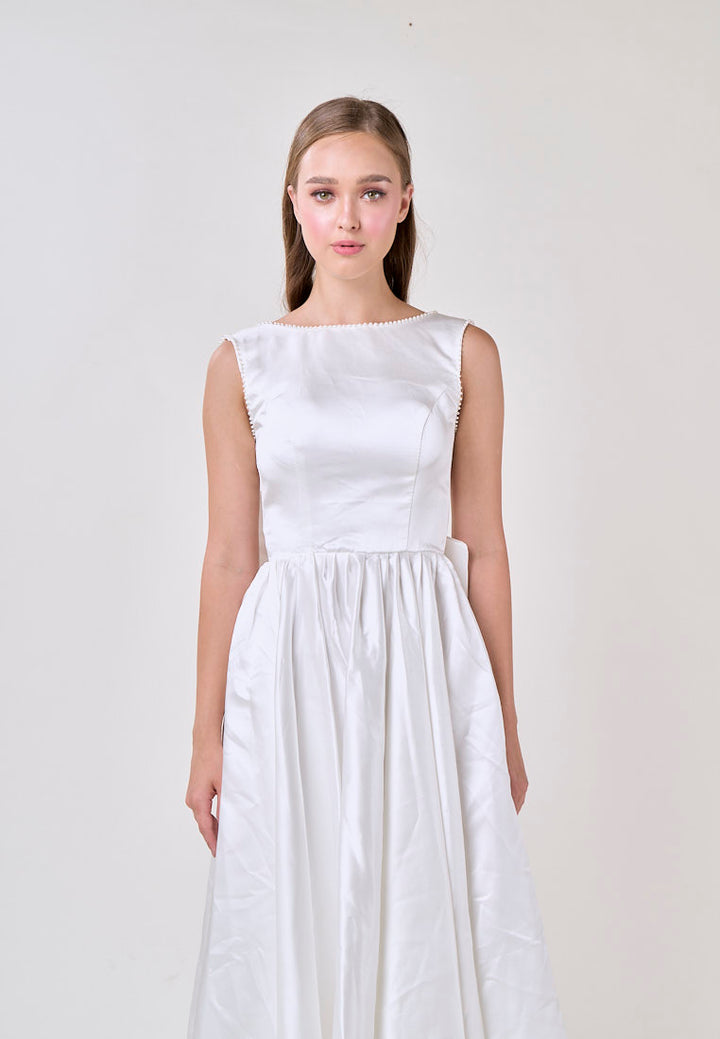 Delanie White A-Line Satin Scoop Back Ribbon Midi Dress
