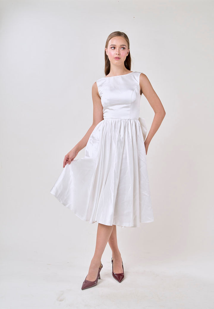 Delanie White A-Line Satin Scoop Back Ribbon Midi Dress