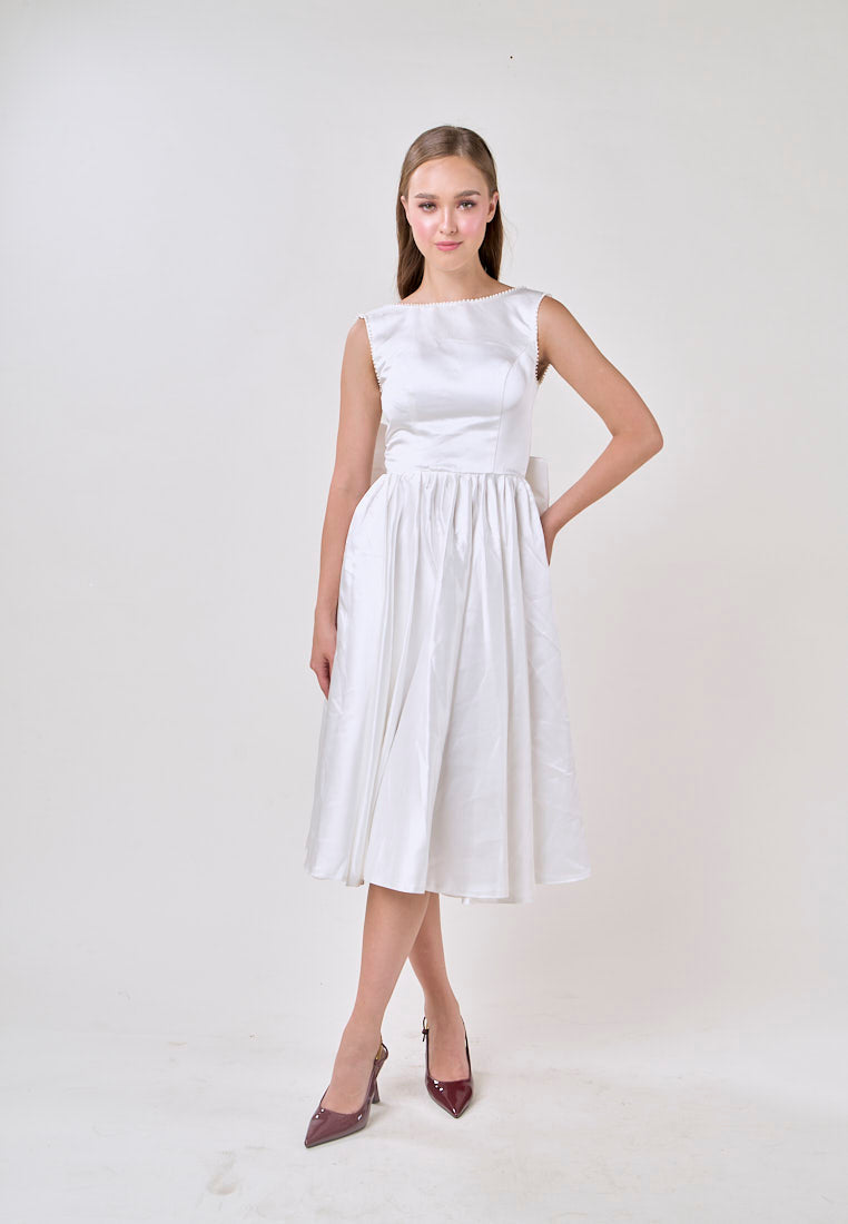 Delanie White A-Line Satin Scoop Back Ribbon Midi Dress