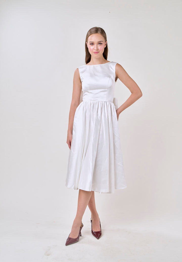 Delanie White A-Line Satin Scoop Back Ribbon Midi Dress