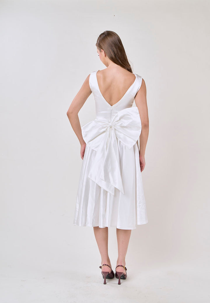 Delanie White A-Line Satin Scoop Back Ribbon Midi Dress