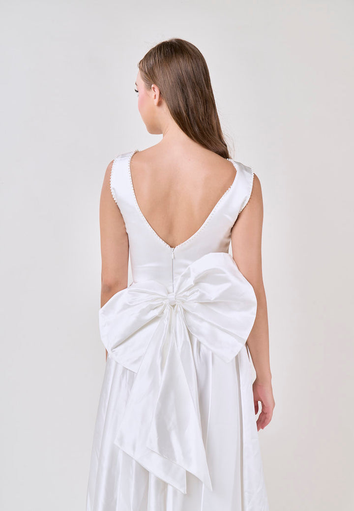 Delanie White A-Line Satin Scoop Back Ribbon Midi Dress
