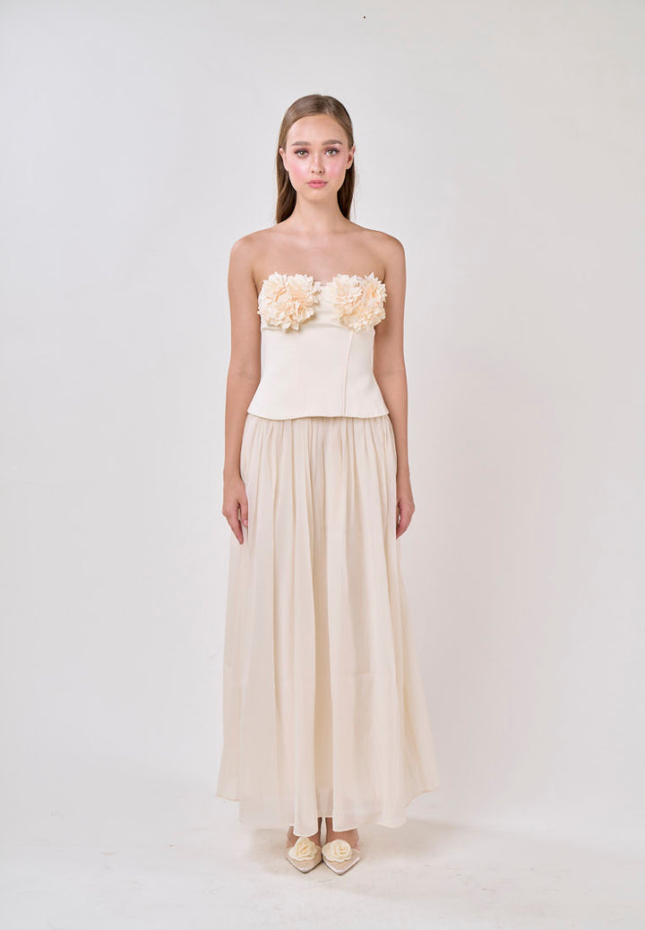 Noelle Cream Tube Flower Top With Tulle Pleated Maxi Skirt  Set
