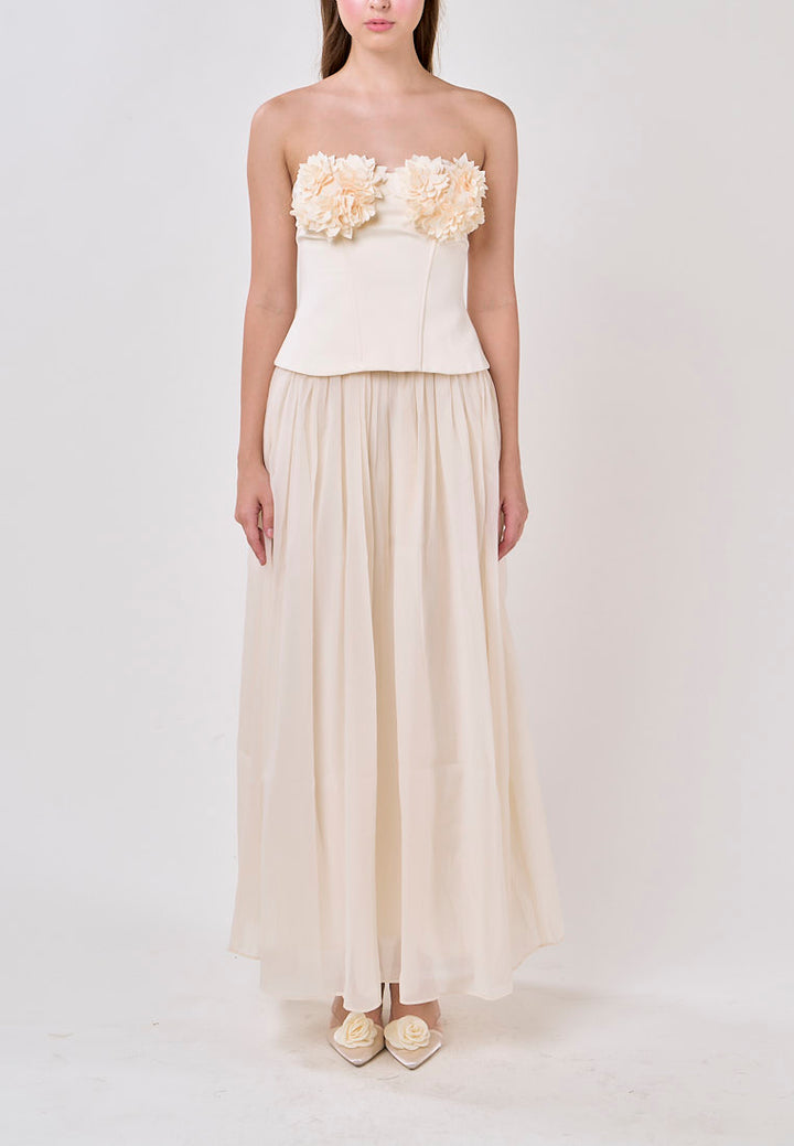 Noelle Cream Tube Flower Top With Tulle Pleated Maxi Skirt  Set