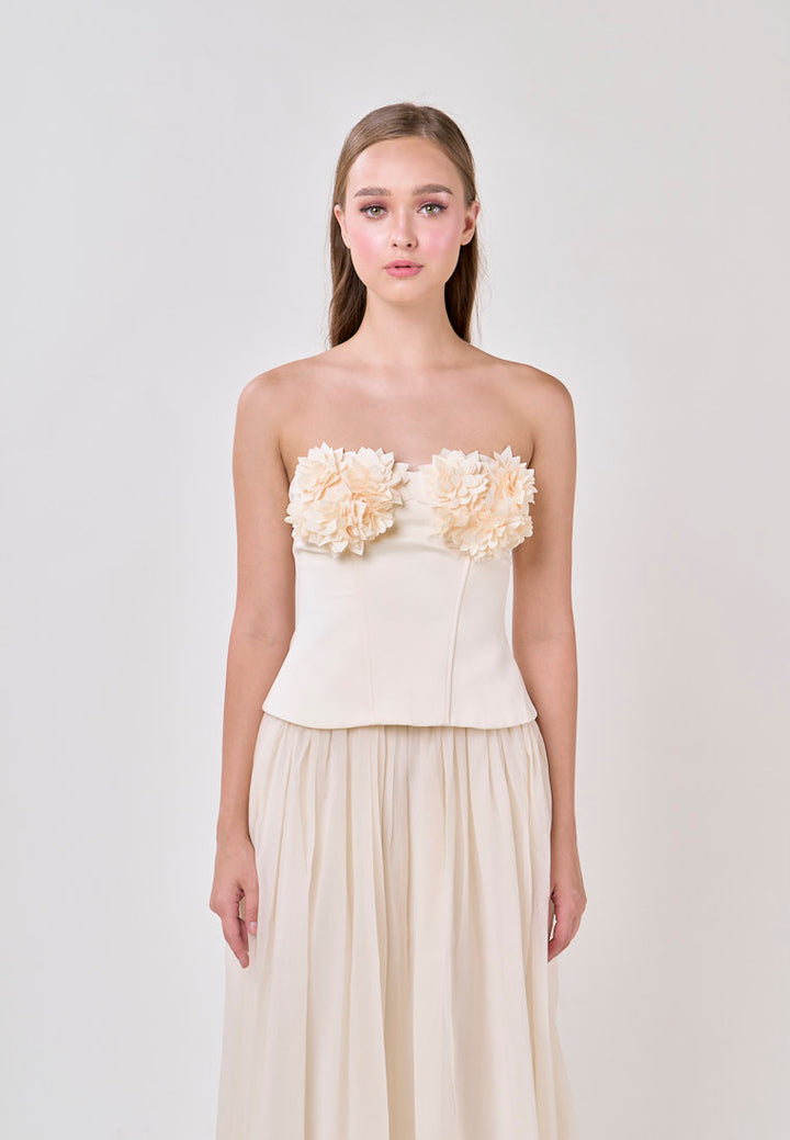 Noelle Cream Tube Flower Top With Tulle Pleated Maxi Skirt  Set