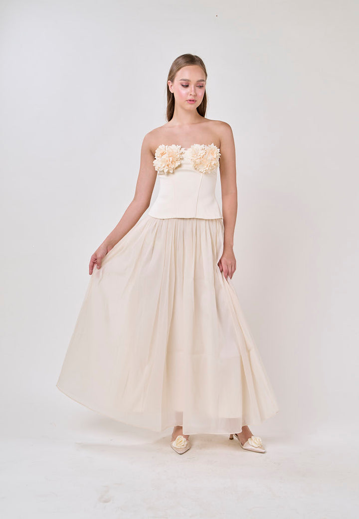 Noelle Cream Tube Flower Top With Tulle Pleated Maxi Skirt  Set