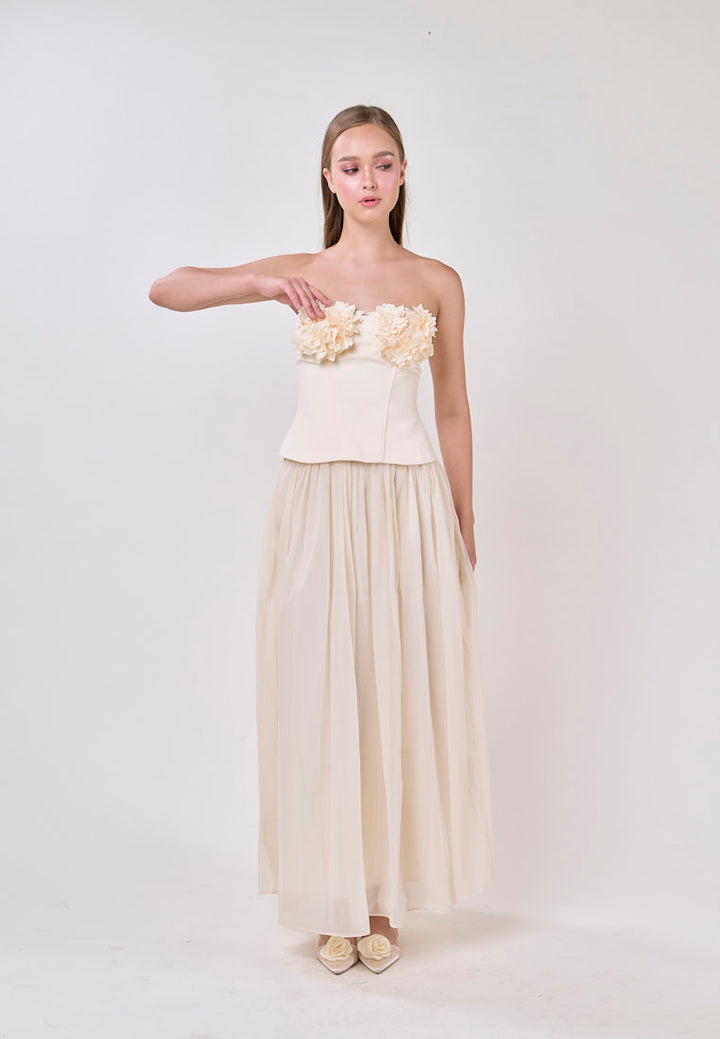 Noelle Cream Tube Flower Top With Tulle Pleated Maxi Skirt  Set