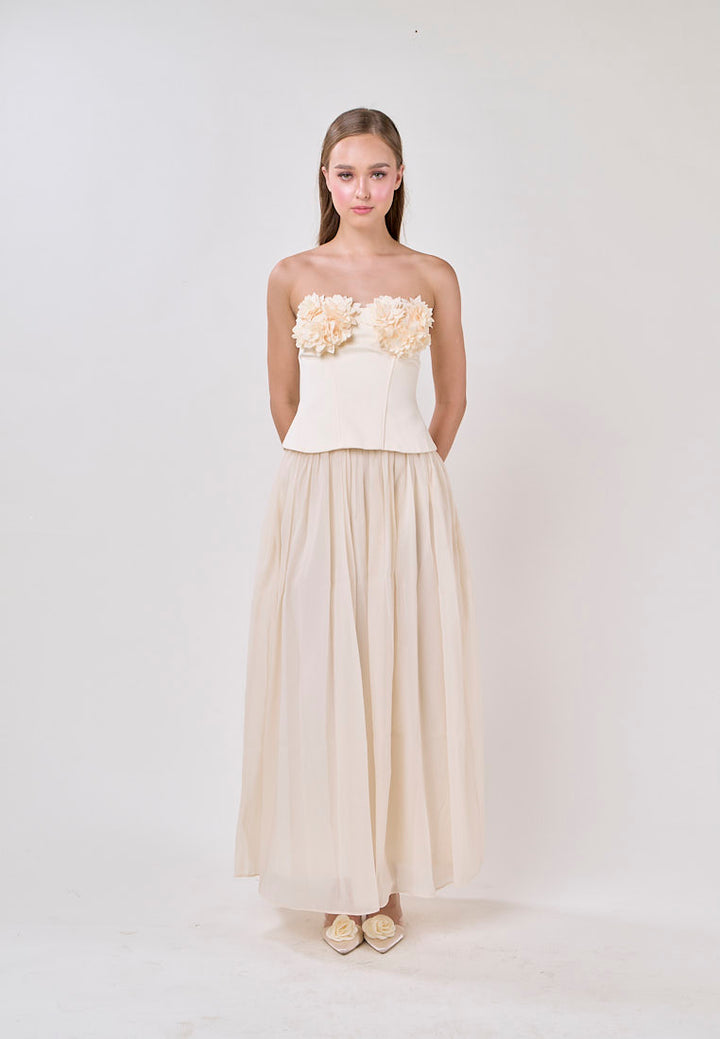Noelle Cream Tube Flower Top With Tulle Pleated Maxi Skirt  Set