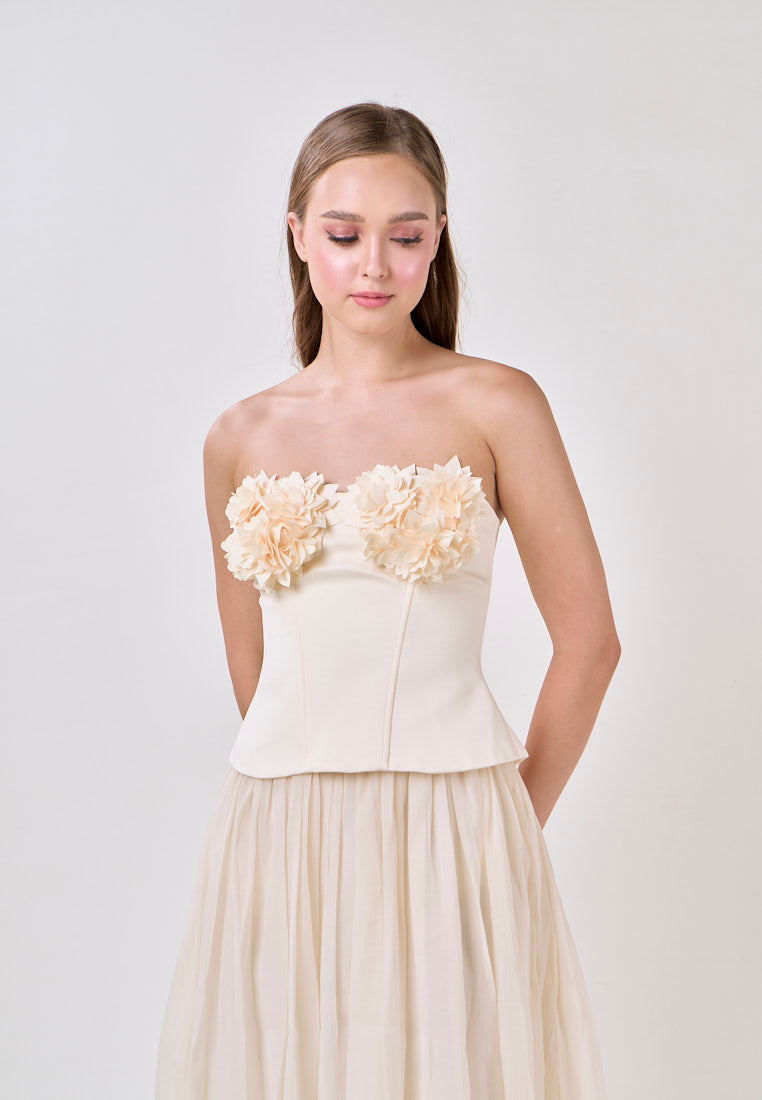 Noelle Cream Tube Flower Top With Tulle Pleated Maxi Skirt  Set