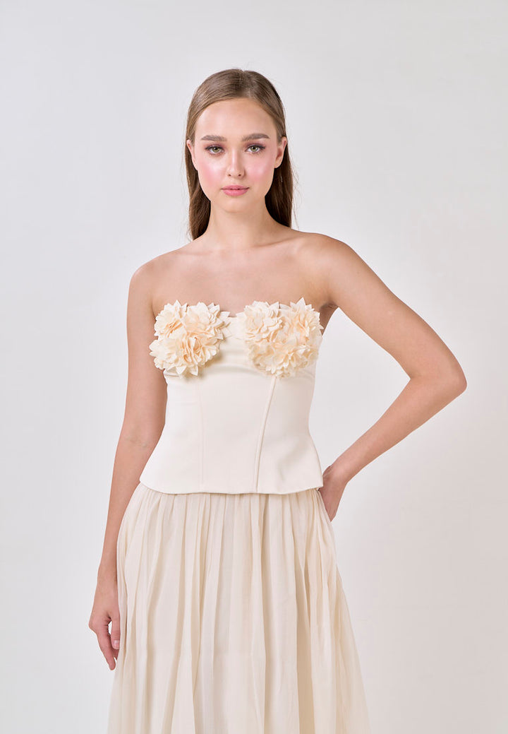 Noelle Cream Tube Flower Top With Tulle Pleated Maxi Skirt  Set