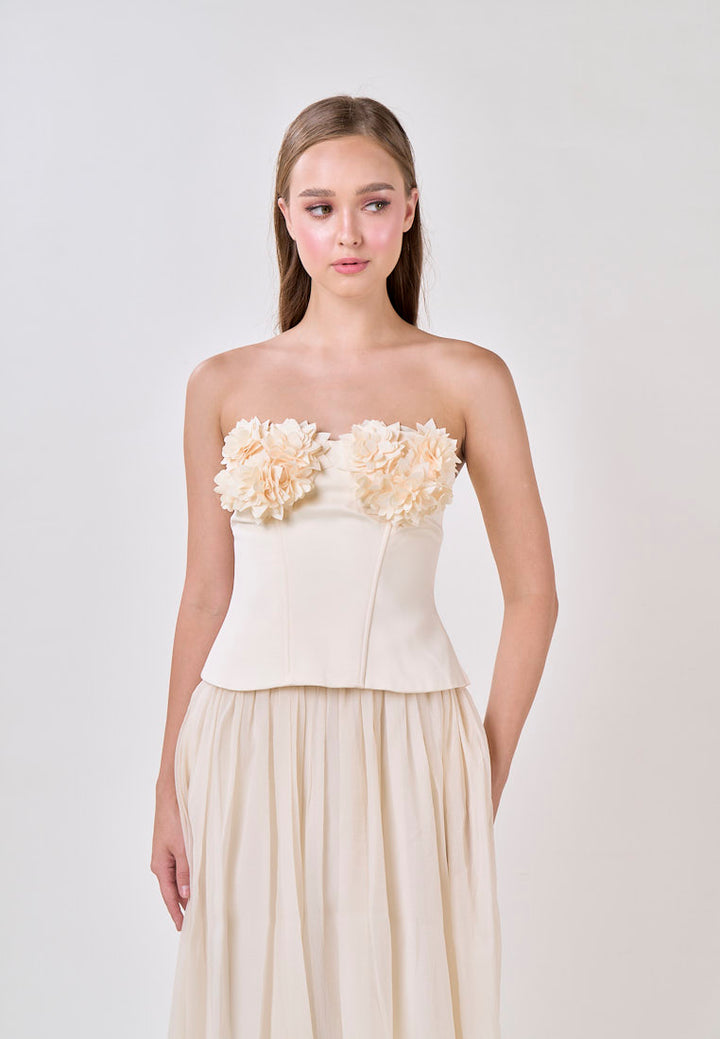 Noelle Cream Tube Flower Top With Tulle Pleated Maxi Skirt  Set