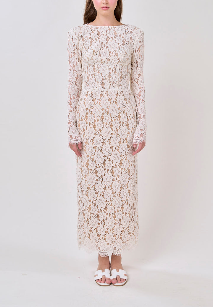 Azari White Round Neck Long Sleeve Lace Midi Dress