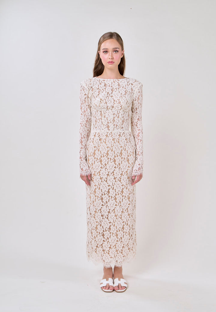 Azari White Round Neck Long Sleeve Lace Midi Dress