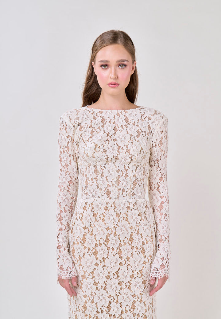 Azari White Round Neck Long Sleeve Lace Midi Dress