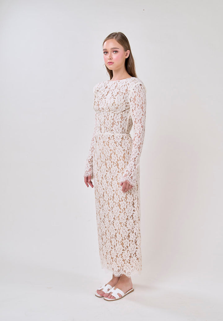 Azari White Round Neck Long Sleeve Lace Midi Dress