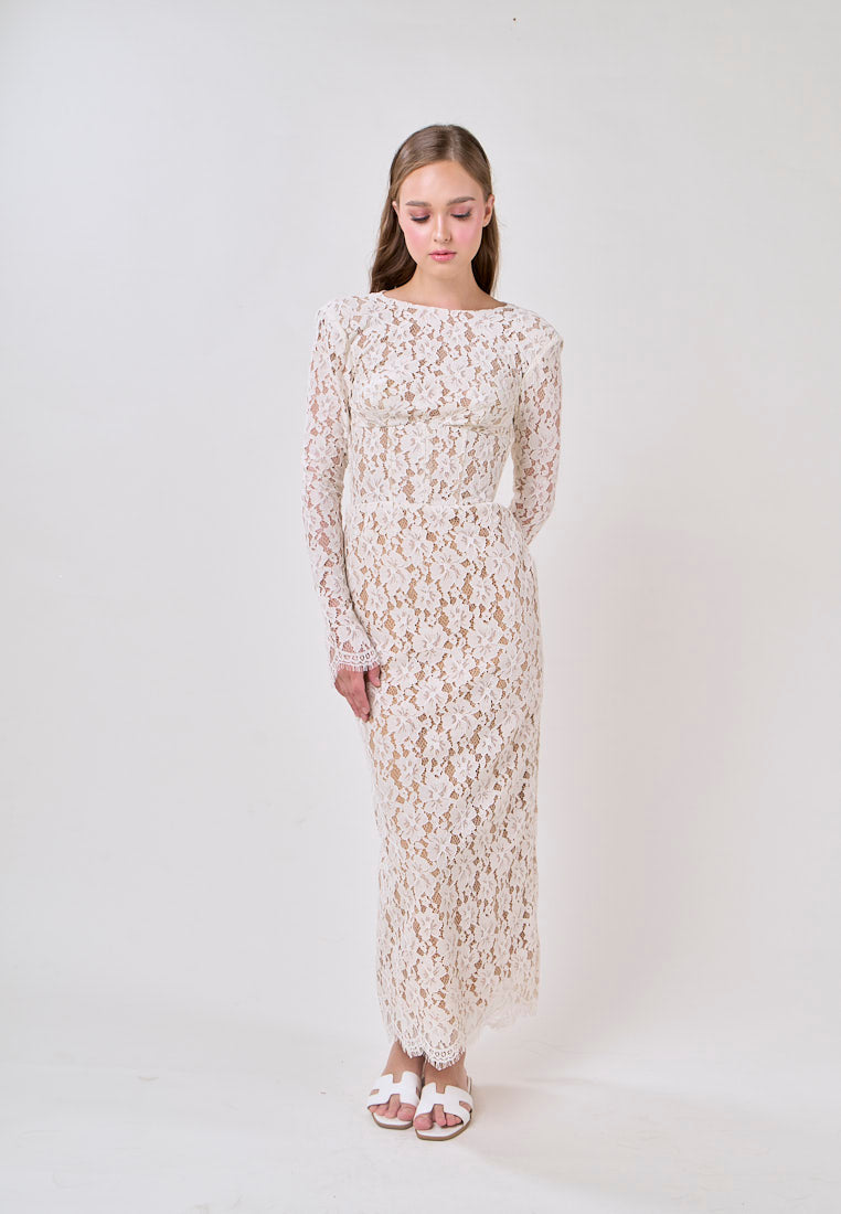 Azari White Round Neck Long Sleeve Lace Midi Dress