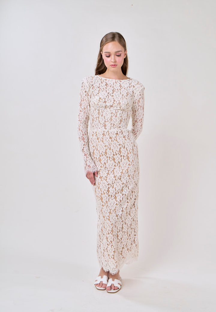 Azari White Round Neck Long Sleeve Lace Midi Dress