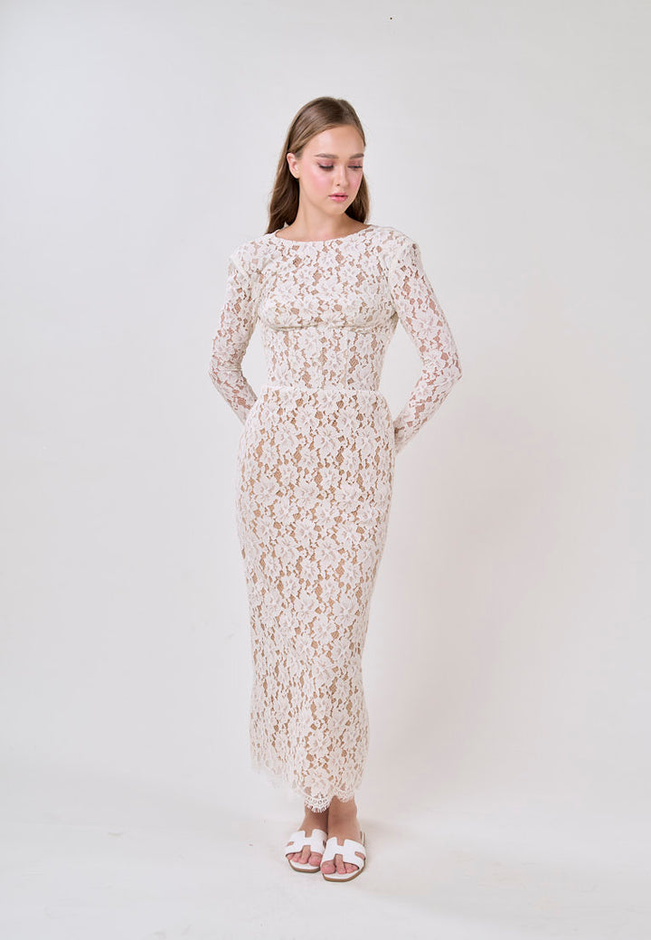 Azari White Round Neck Long Sleeve Lace Midi Dress