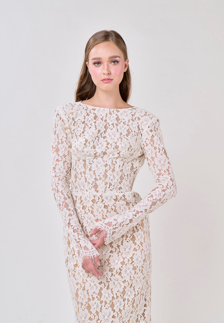 Azari White Round Neck Long Sleeve Lace Midi Dress