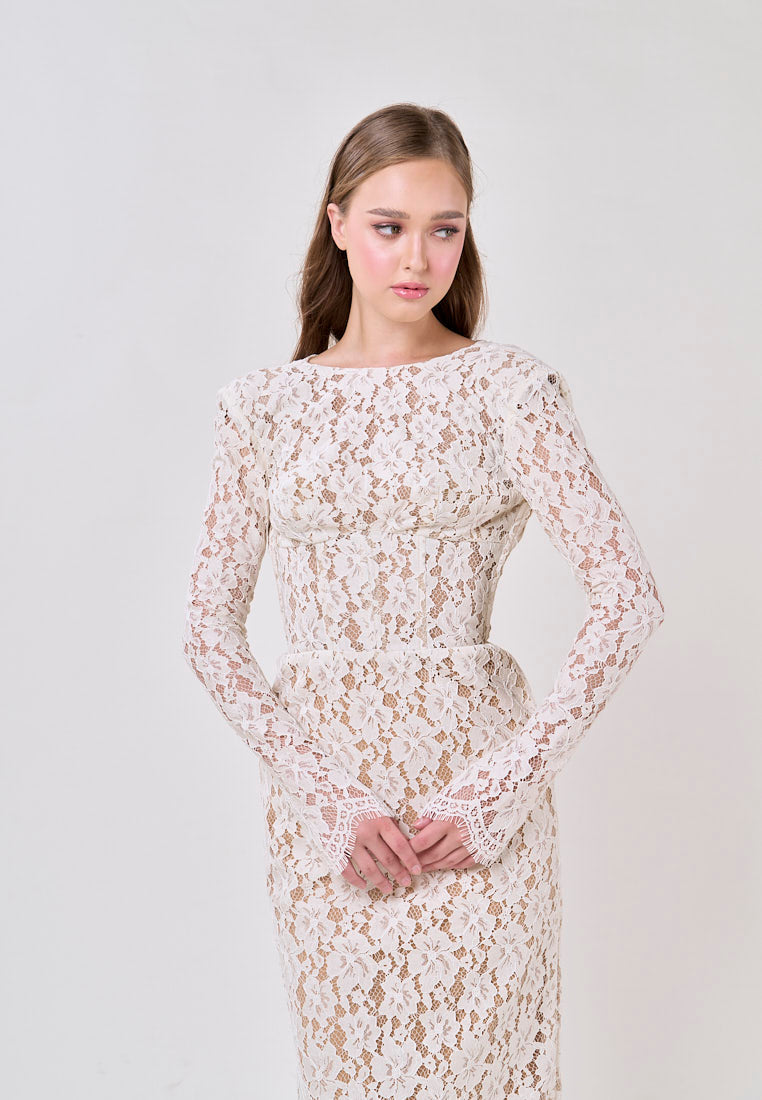 Azari White Round Neck Long Sleeve Lace Midi Dress