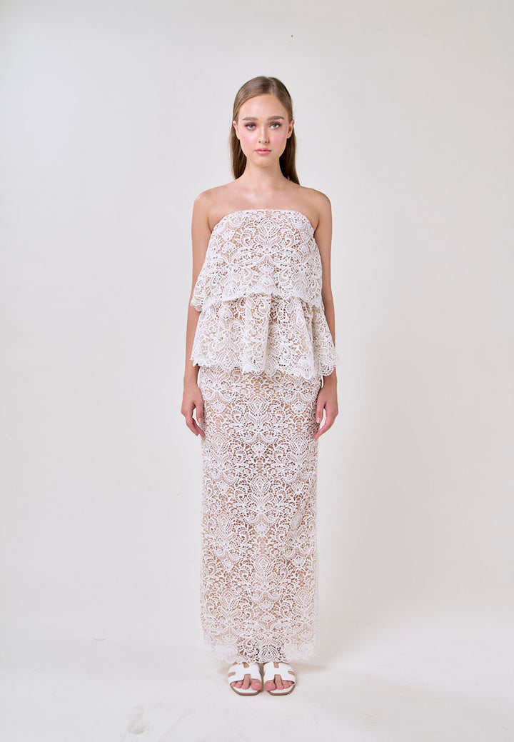 Ivey White Tube French Lace With Maxi Skirt Lace Set